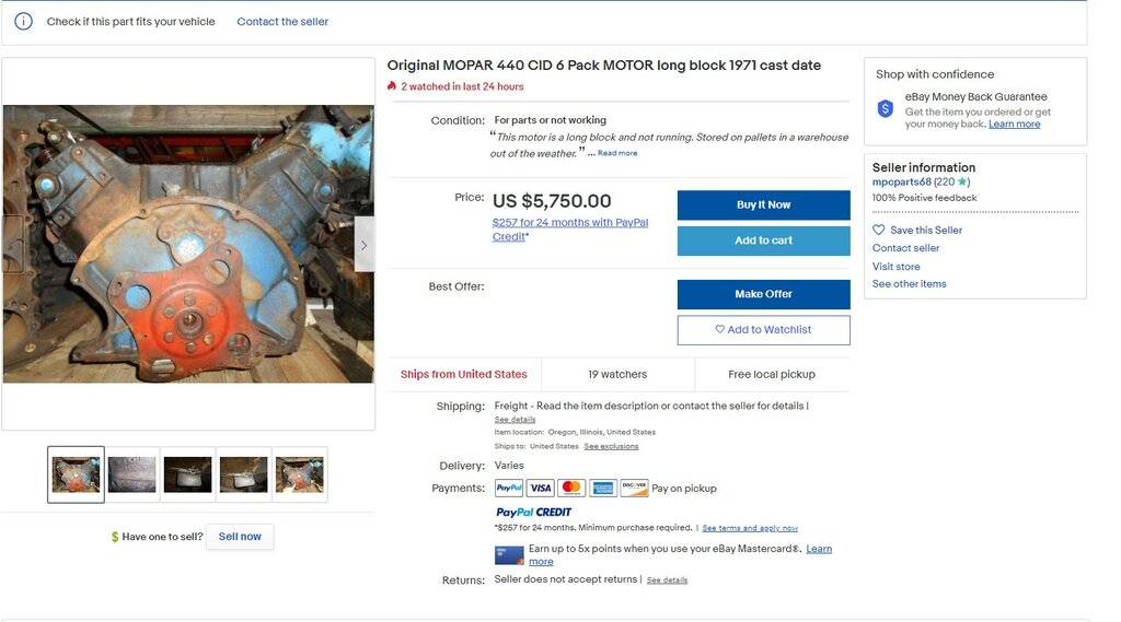 02-04-21.Original MOPAR 440 CID 6 Pack MOTOR long block 1971 cast date.www.ebay.com.jpg