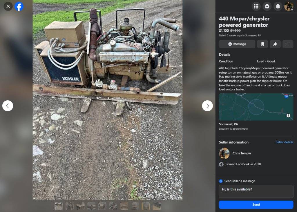 08-19-25.440 Mopar-Chrysler Powered Generator $1,100 Somerset, PA.www.facebook.com.jpg