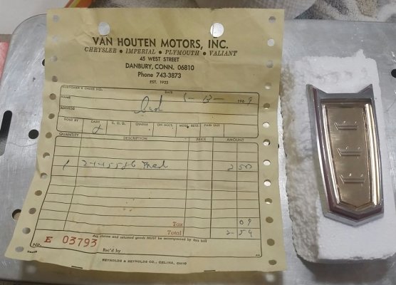 20250204_205723-1 1964 Chrysler C-pillar Emblem with 1969 sales reciept.jpg